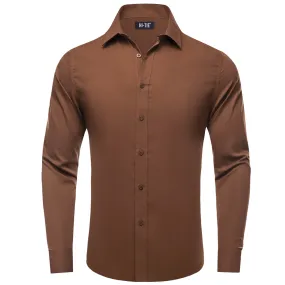 Hi-Tie Mens Dress Shirt Saddle Brown Solid Silk Button Down Shirt